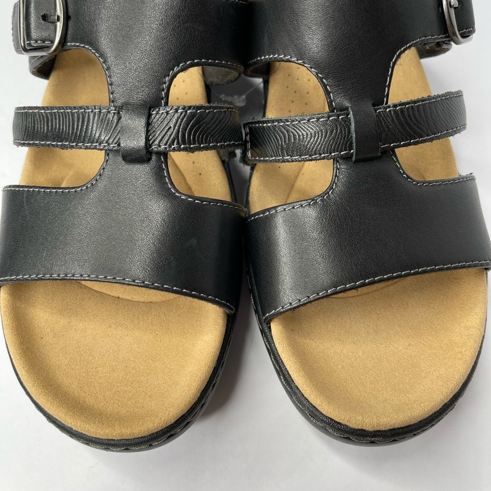 NWOB Clarks Women 9.5 Merliah Pearl Black Leather Wedge Comfort Slip on Sandal - Picture 4 of 5